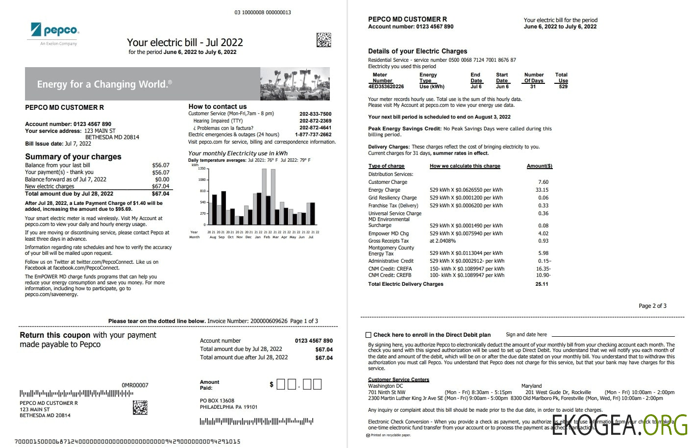 USA Maryland Pepco utility bill, Word and PDF template, 3 pages 1 2